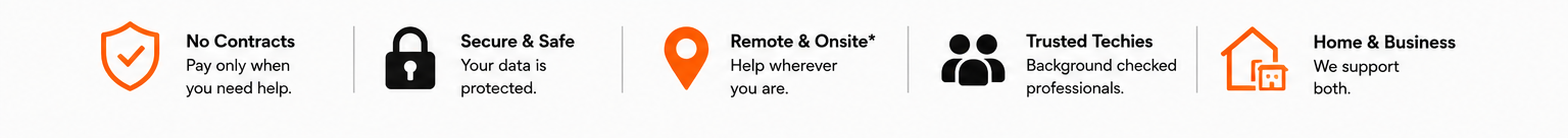 No contracts, pay only when you need help. Secure and safe, your data is protected. Remote and onsite help wherever you are. Trusted, background checked Techies. Home and business, we support both.
